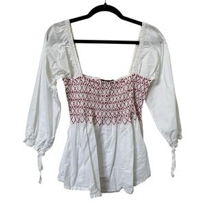 Karma Highway Smocked Shirred Top Womens White Boho Peasant Milkmaid Prairie